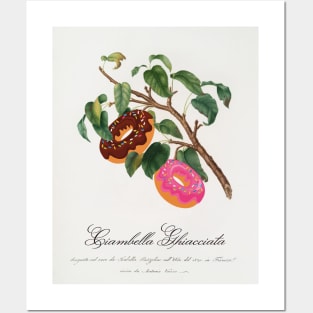 "Ciambella Ghiacciata" - Donut Tree; classic botanical art from Pomona Italiana updated with chocolate and strawberry donuts Posters and Art